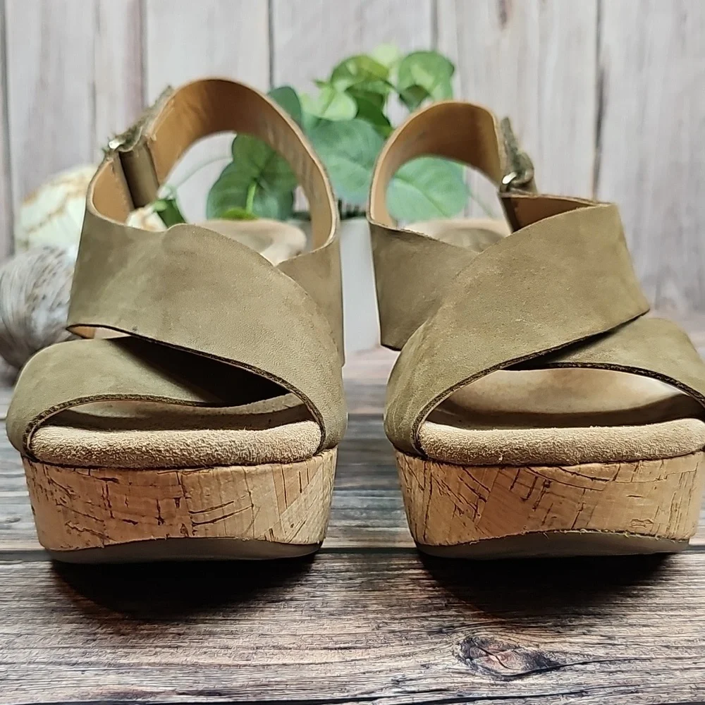 CLARKS ARTISAN SUEDE WEDGE CORK HEEL SLINGBACK SANDAL